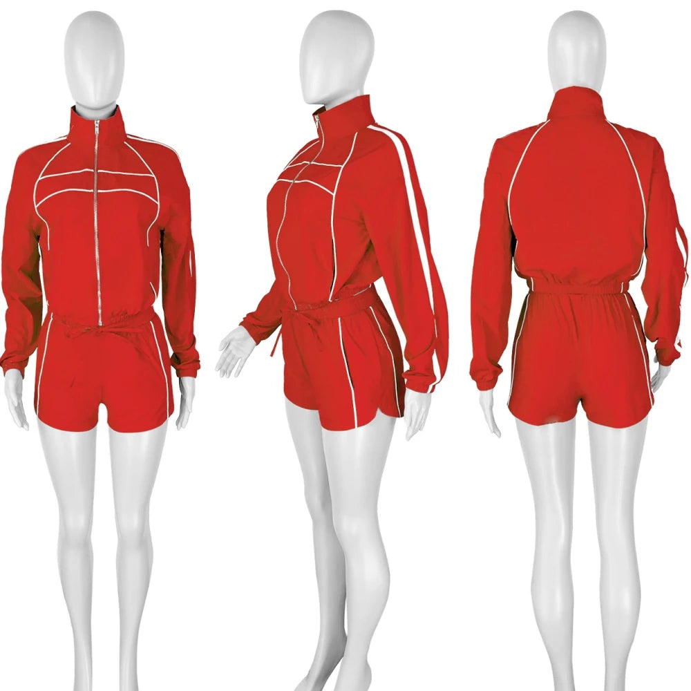 FAGADOER Casual Color Block 2 Pieces Set for Woman Long Sleeve Zipper Crop Jacke and Drawstring Shorts Female Jogger Clothing