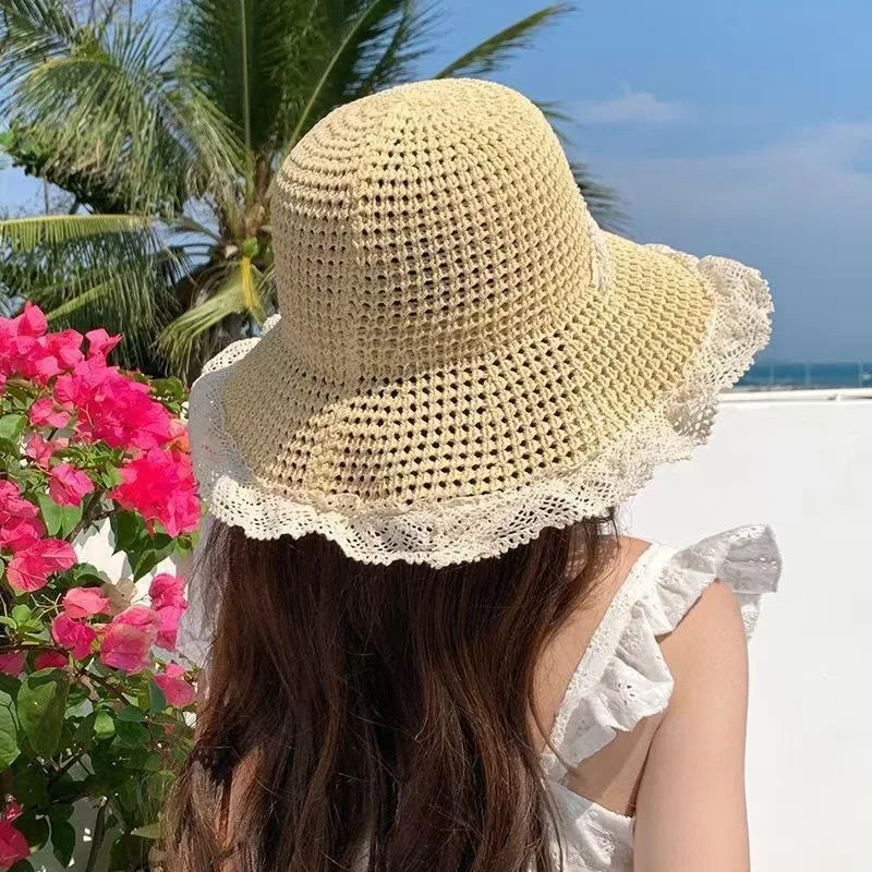 Lace Bow Women Straw Hat Wide Brim Hollow Out Grass Handwoven Visors Bucket Cap Korean Girl Beach Tour Foldable Sunshade Hats