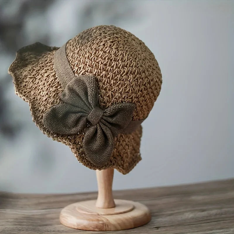 1pc/2pcs Elegant Sun Hat - Hand Woven with Vintage Ruffles and Bow, Foldable Travel Beach Hat