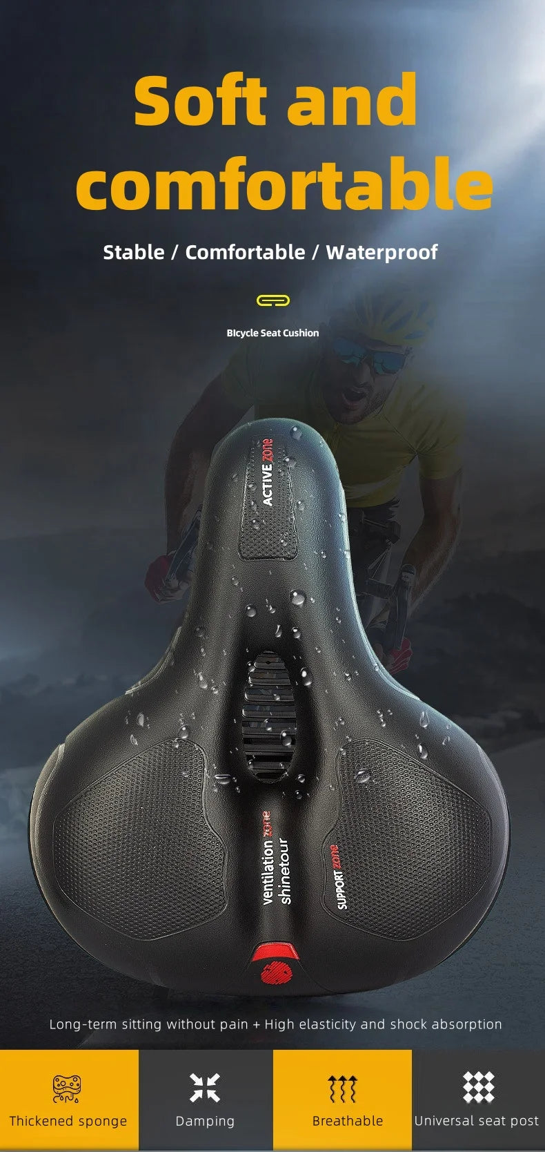 Men's Comfortable Breathable Bicycle Saddle MTB Road Bike Crash Absorbing Wide Seat Cushion Light and Comfortable Safety