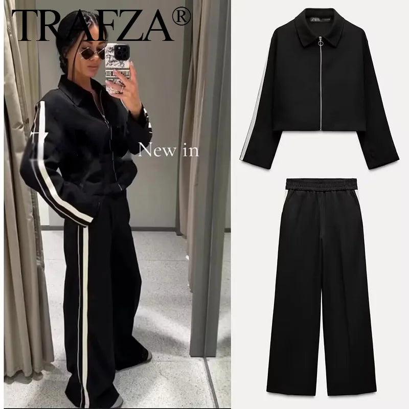 TRAFZA 2024 New Women Casual Black Trousers Suits Sports Short Jacket + Female Vinatge Black White Patchwork Baggy Pants Street