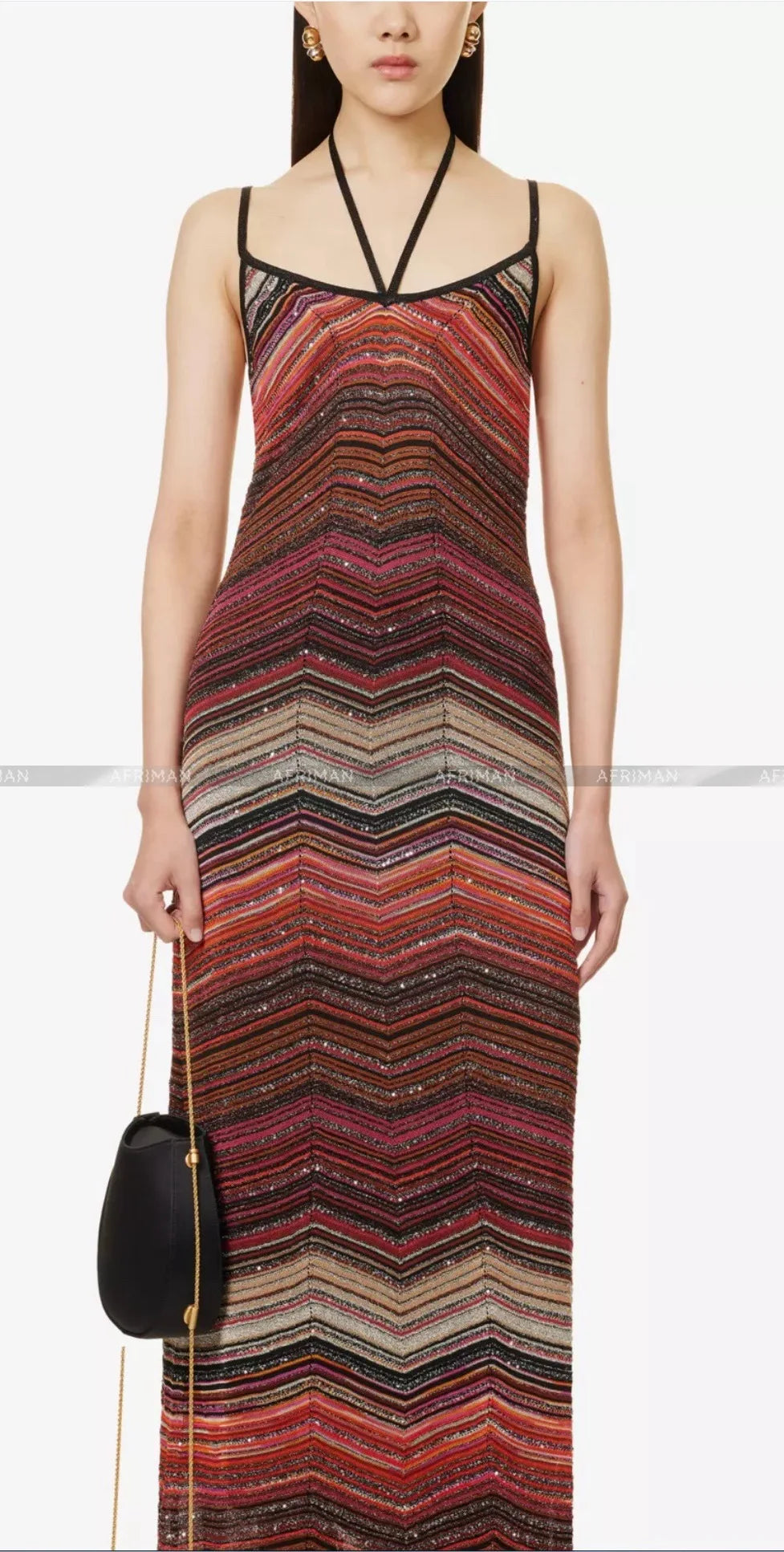 Women Stripe Sleeveless Metallic Sequined Thin Strap Hanging Neck Slim Maxi Long Knitted Dress