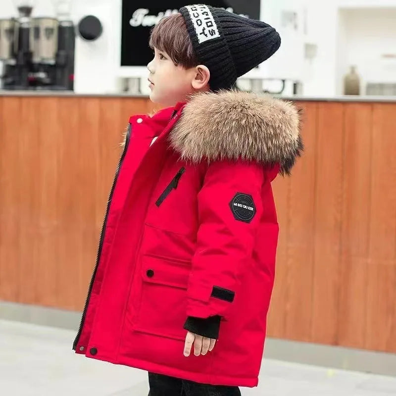 -30℃ Winter Kids Padded Jacket Children Thick Plus Velvet Warm Parkas Coat Boys Girls Fur Collar Hooded Cotton Clothes Outerwea