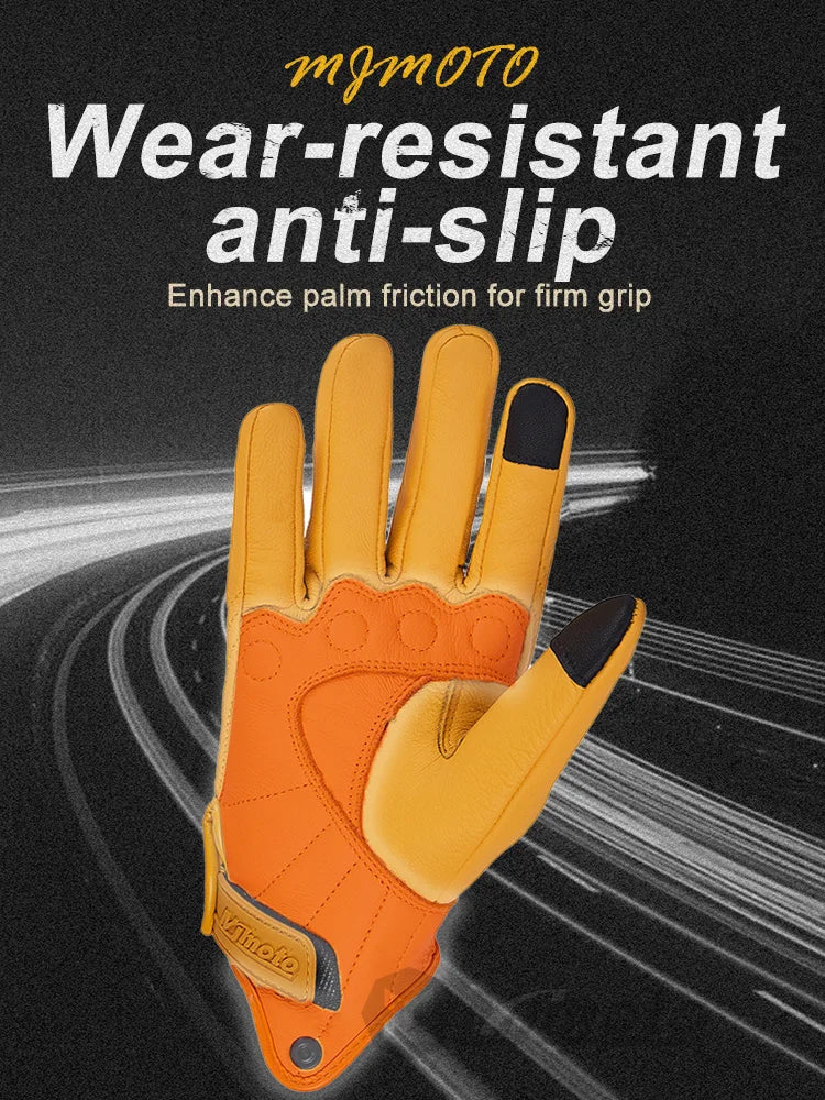 Retro Yellow Leather Motorcycle Gloves Men Women Breathable Perforated Motorbike Racing Gloves Touch Screen Motocross Moto Glove
