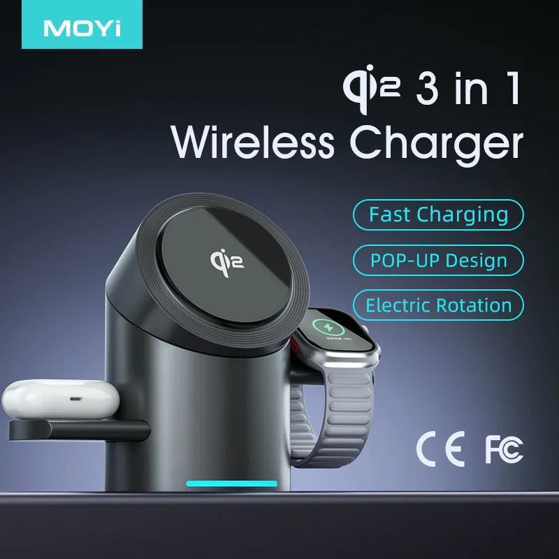 Touch Rotate Qi2 Magnetic 3-in-1 Wireless Charger 15W Fast Charging Station for iPhone 13 14 15 16 Series Apple Watch AirPods
