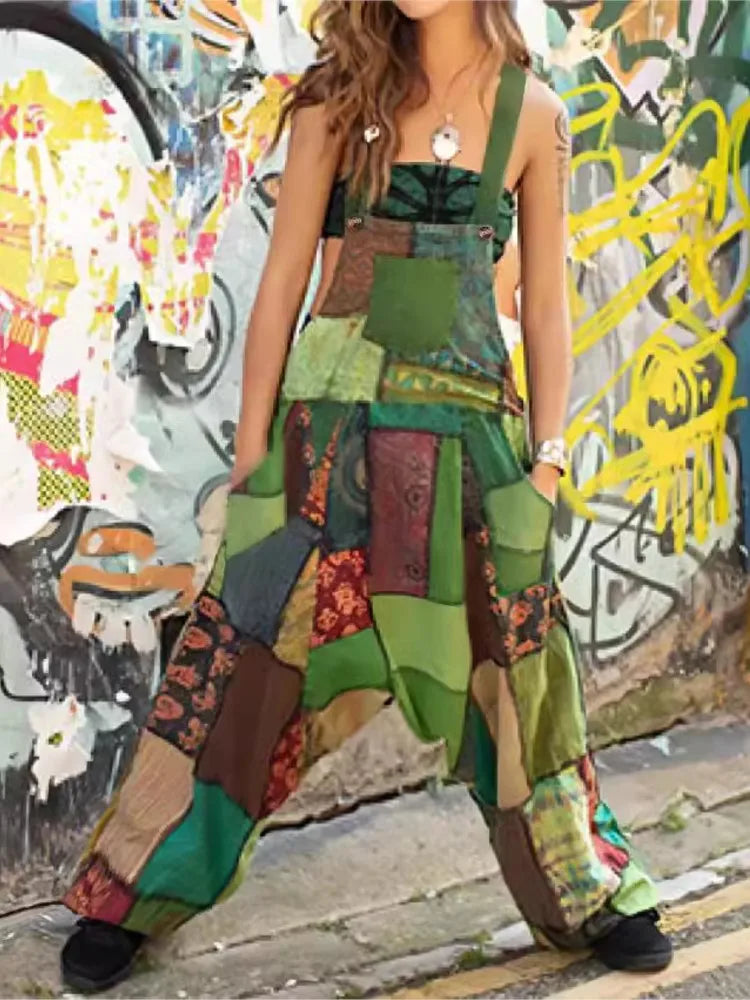 Fashion Patchwork Suspender Trousers Jumpsuit For Women Hip-hop Patchwork Ethnic Print Loose Harem Pantsstreet Rompers Female