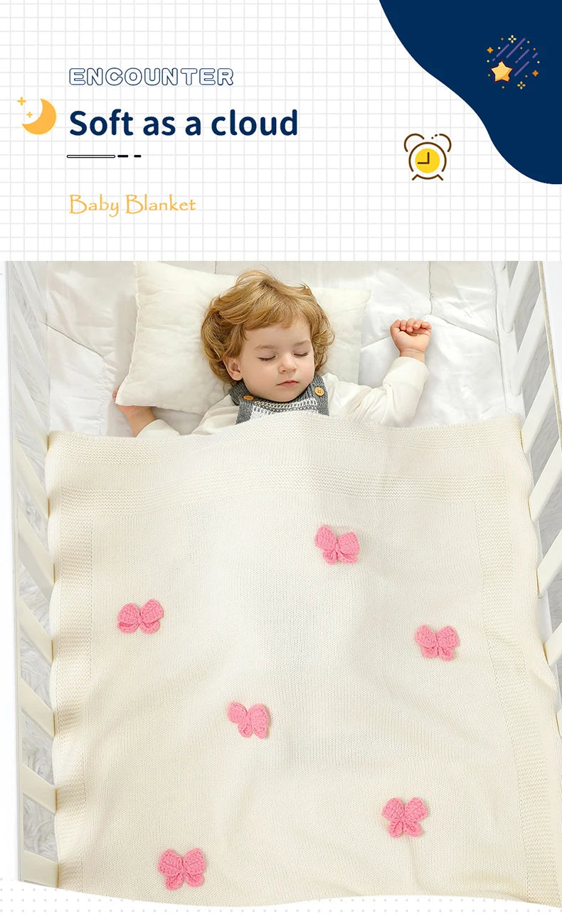 Baby Blankets Knit Newborn Boy Girl Bedding Quilt 90*70CM Infant Stroller Swaddle Wrap Super Soft Fashion Cute 3D Bows Sleepsack