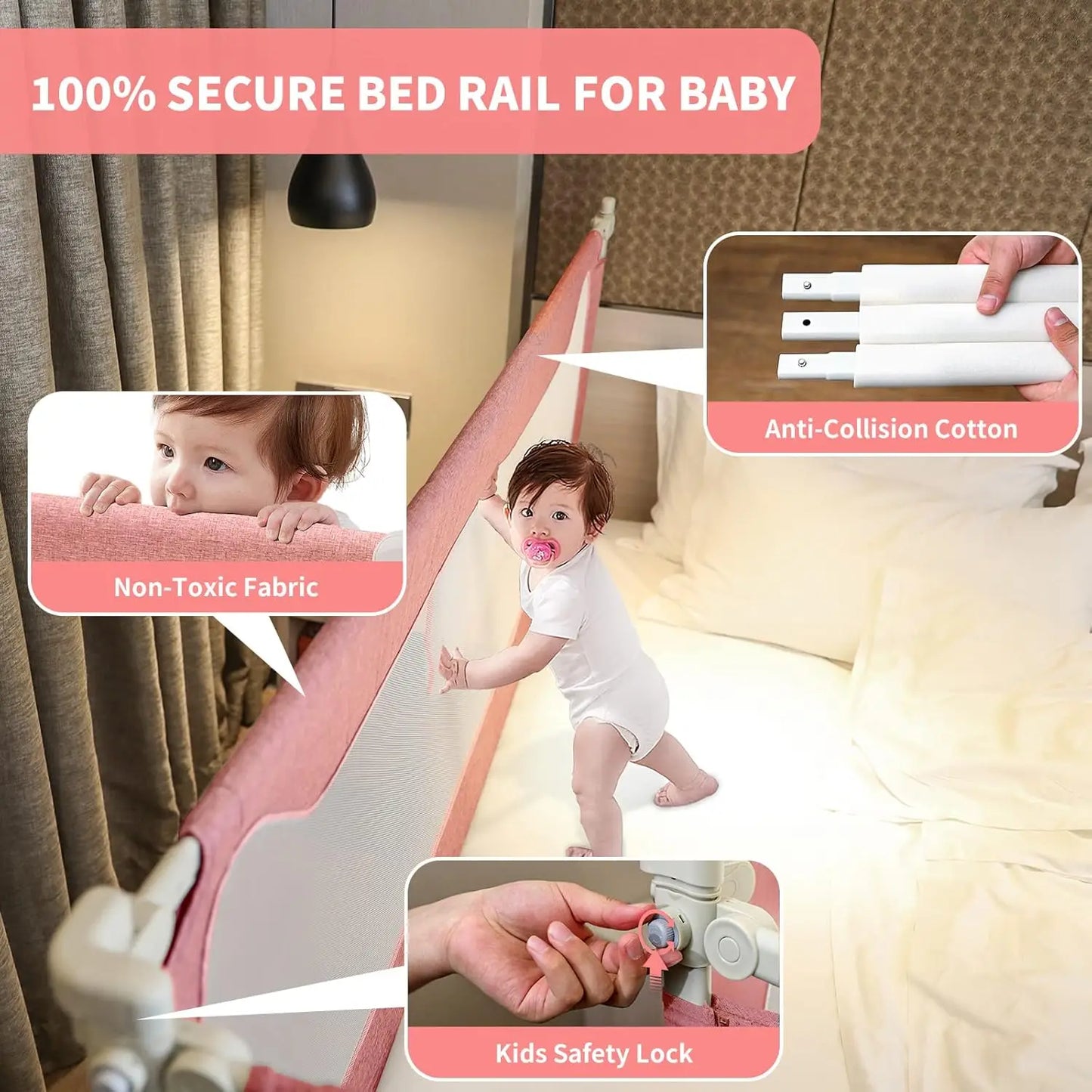 Toddlers Bed Rail For Queen Bed, Upgrade Baby Bed Rail Guard With U-Shape Base, Bed Guard Rail For Toddlers For Queen Size