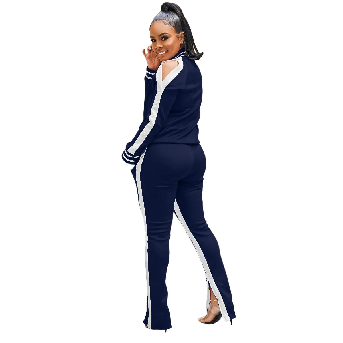 Women Pant Sets Tracksuit Zippers Jackets Striped Stand Collar Coats Pencil Pants Two Pieces Set Sports Casual Patchwork