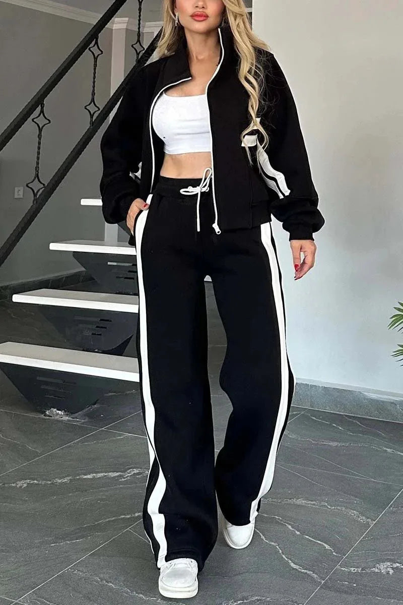 Two Piece Set Women Fashion Striped Print Lapel Zipper Coat High Waist Pants Outfit Autumn Winter Long Sleeve Suit Tracksuit