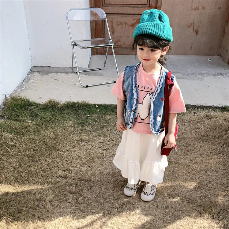 Baby and Girls Sweet Embroidered Work Single-Breasted Denim Vest Jackets School Kids Waistcoat Child Outfit Tops For 1-10 Yr