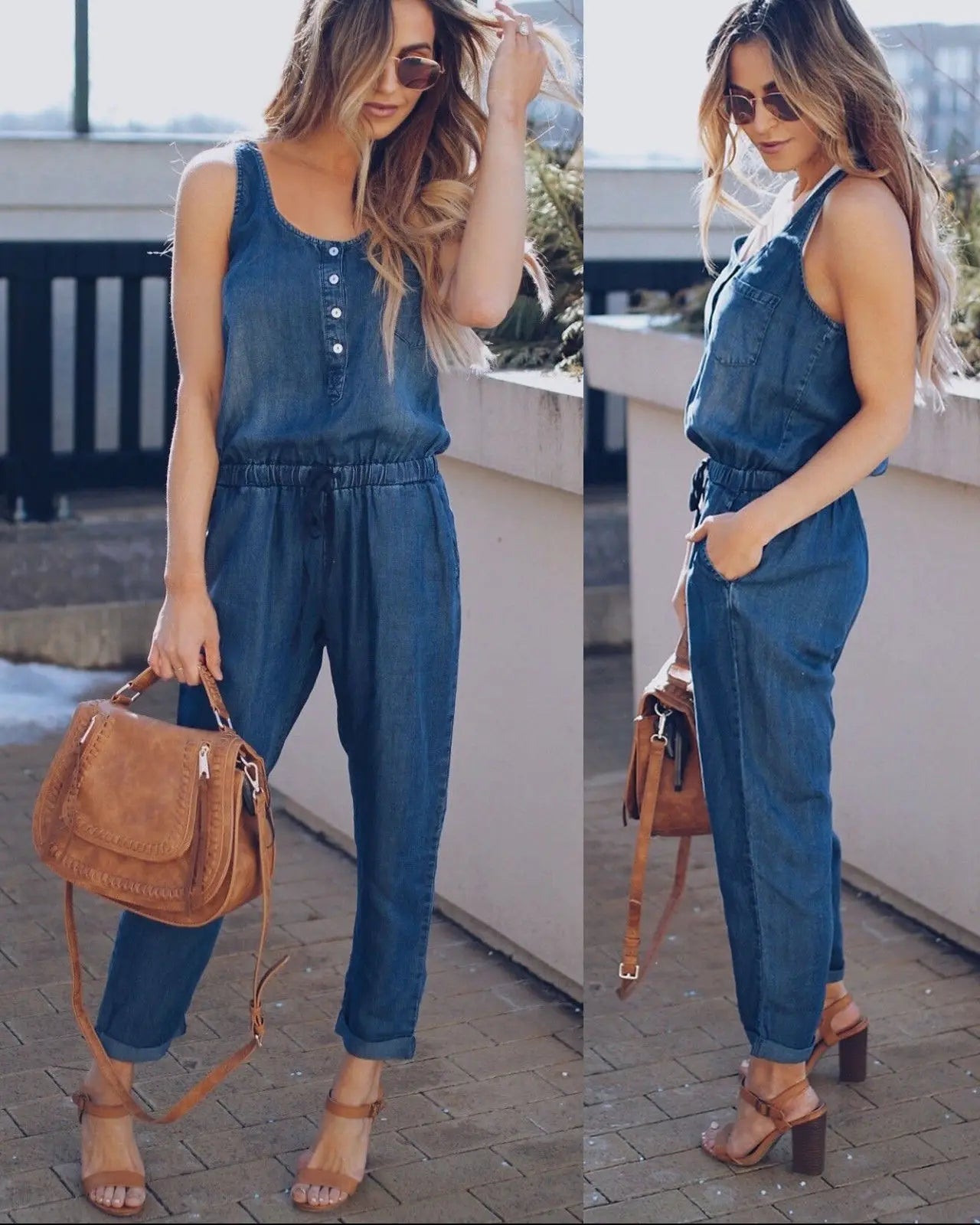 Summer Denim Jumpsuit For Women 2025 Fashion Sleeveless Button Vest Slim Drawstring Pant Jumpsuits High Street Women's Clothing