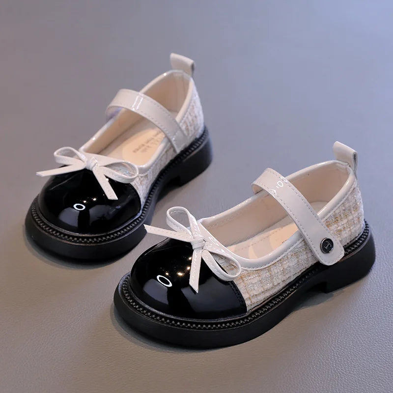 Butterfly Knot Anti Slip Round Toe Girls Leather Shoes Spring Autumn Outdoor PU Sweet Princess Leather Shoes Sandalias De Mujer