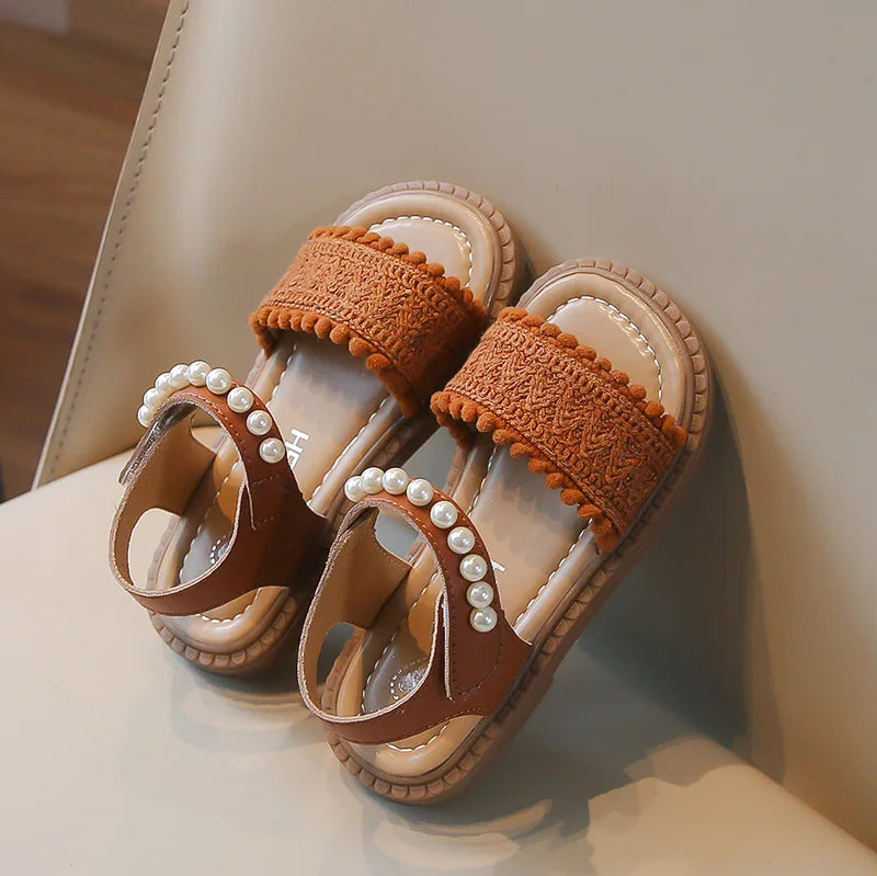 Unishuni Girls Sandals Princess One-Strap Summer Shoes Child Soft Skin-Friendly Cloth Sandal Kids Lace Pearl Bohemia Beach Flats
