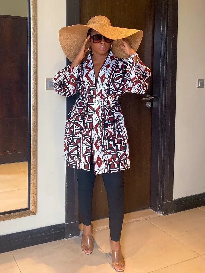 African Printing Dress Women's Fashion Kimono Cardigan Coat Dashiki Geometric Belt Dress Plus Size Retro African Christmas Robe
