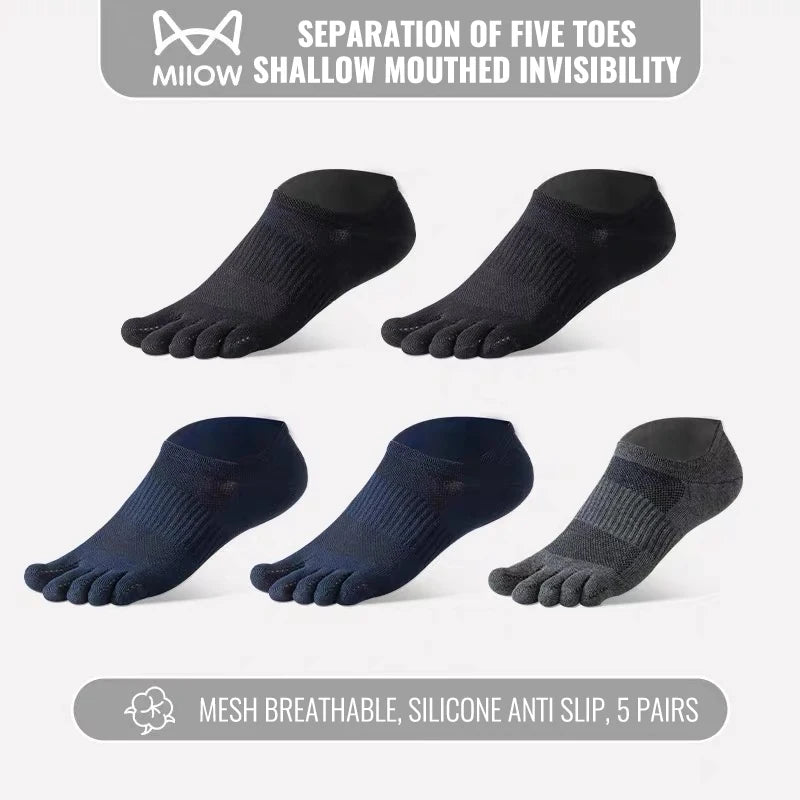 MiiOW Pure Cotton Five Finger Short Socks Men Sweat Absorbent Antibacterial Breathable Mesh Boat Socks Running Sports Toe Sock