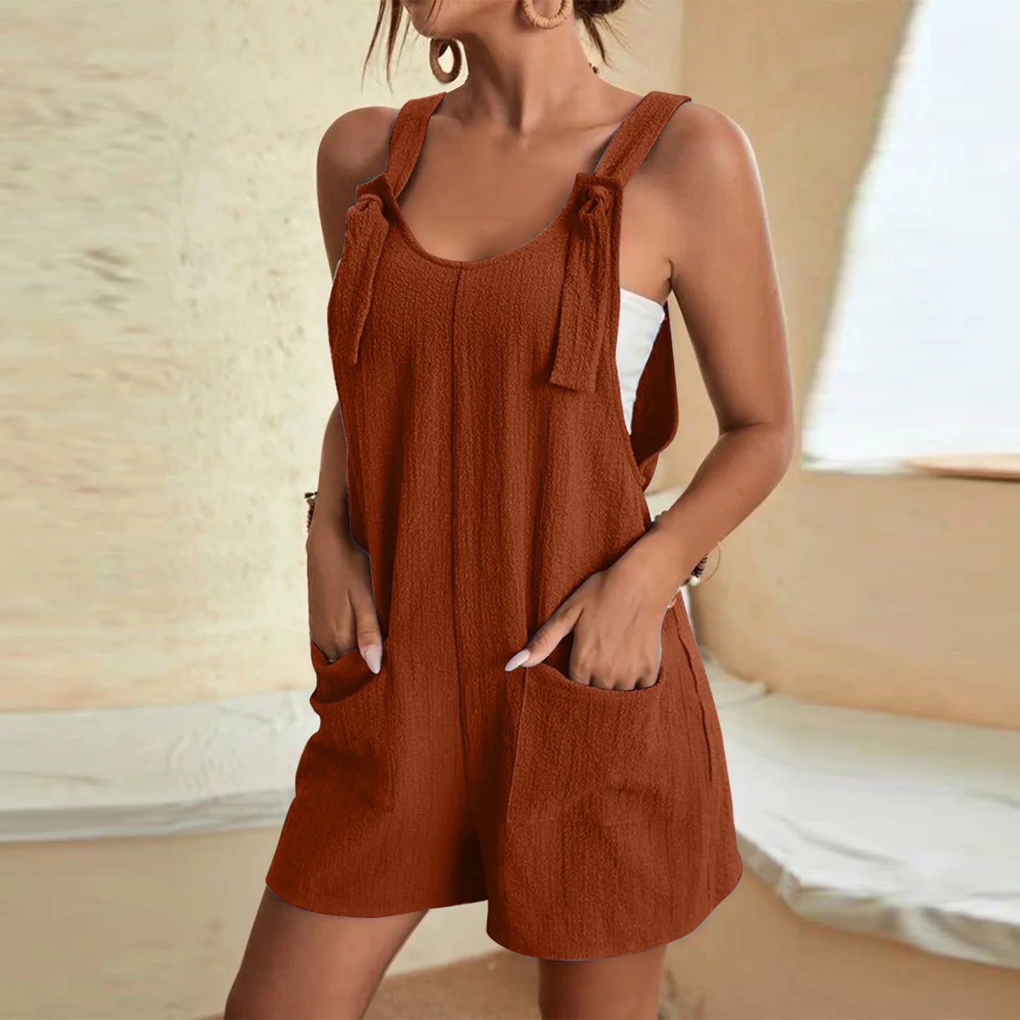 Women Wide Leg Overalls Casual Adjustable Strap Sleevelss Double Pocket Jumpsuits Sexy Loose Basic Daily Rompers OUFY-308