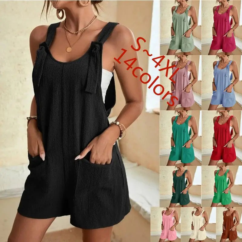 Women Wide Leg Overalls Casual Adjustable Strap Sleevelss Double Pocket Jumpsuits Sexy Loose Basic Daily Rompers OUFY-308