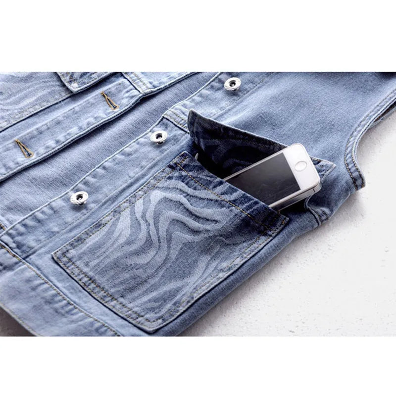 Women's Denim Vest Jacket 2025 Spring Autumn Stripe Splicing Short Jean Waistcoat Casual Tops Sleeveless Outerwear