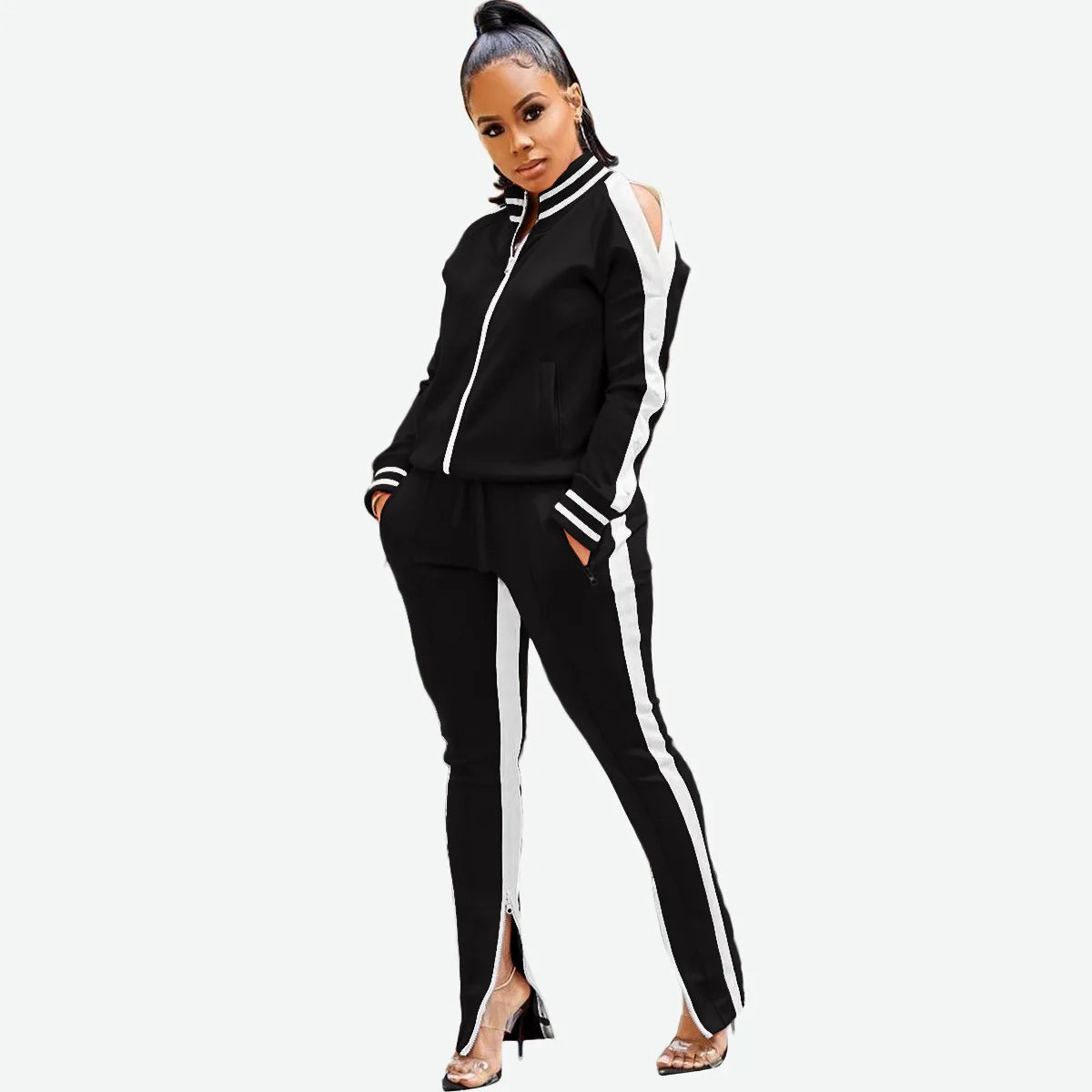 Women Pant Sets Tracksuit Zippers Jackets Striped Stand Collar Coats Pencil Pants Two Pieces Set Sports Casual Patchwork