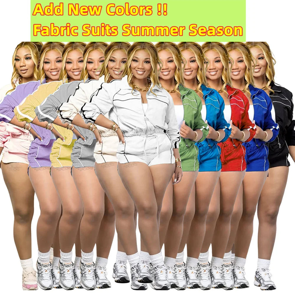 FAGADOER Casual Color Block 2 Pieces Set for Woman Long Sleeve Zipper Crop Jacke and Drawstring Shorts Female Jogger Clothing
