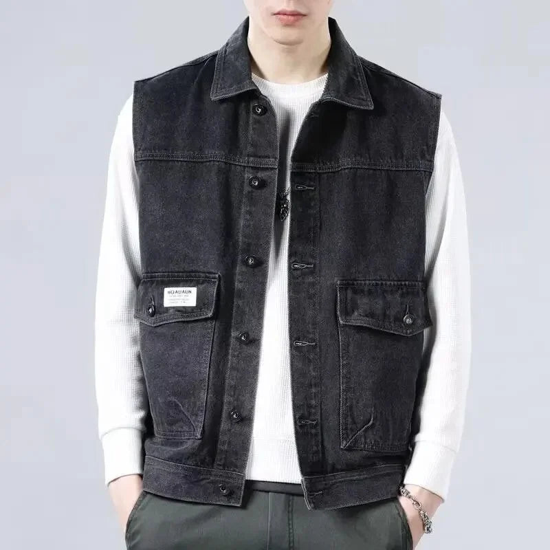 Loose Men's Denim Vest Spring Autumn American Retro Style Sleeveless Workwear Jacket Casual Trendy Brand Outerwear