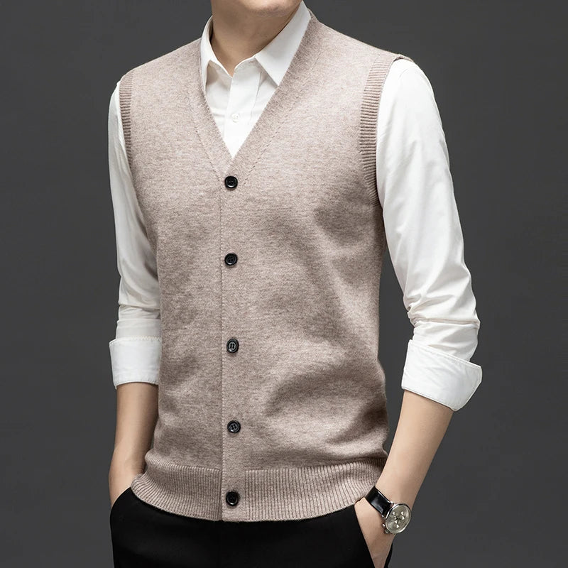 Sweaters Vests for Men Fashion Luxury Single Breasted Pullover Autumn Sleeveless Men Work Sweater Knitted Male Waistcoat Jumper