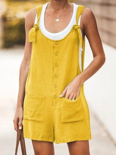 Summer Women's Solid Round Neck Pocket Loose Jumpsuit Shorts Bodys Mujer Black Romper Clothes Y2k 2024 Bodysuit Negro