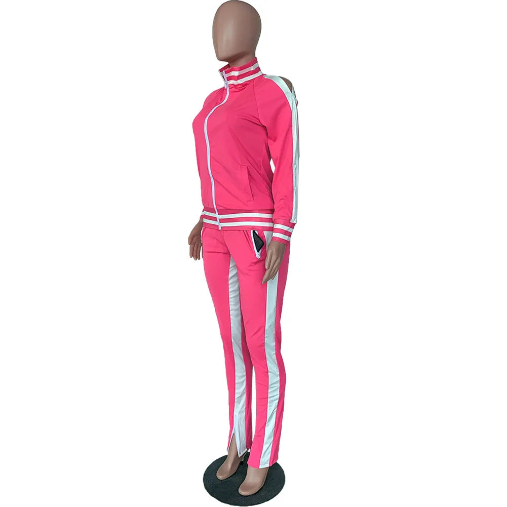 Women Pant Sets Tracksuit Zippers Jackets Striped Stand Collar Coats Pencil Pants Two Pieces Set Sports Casual Patchwork