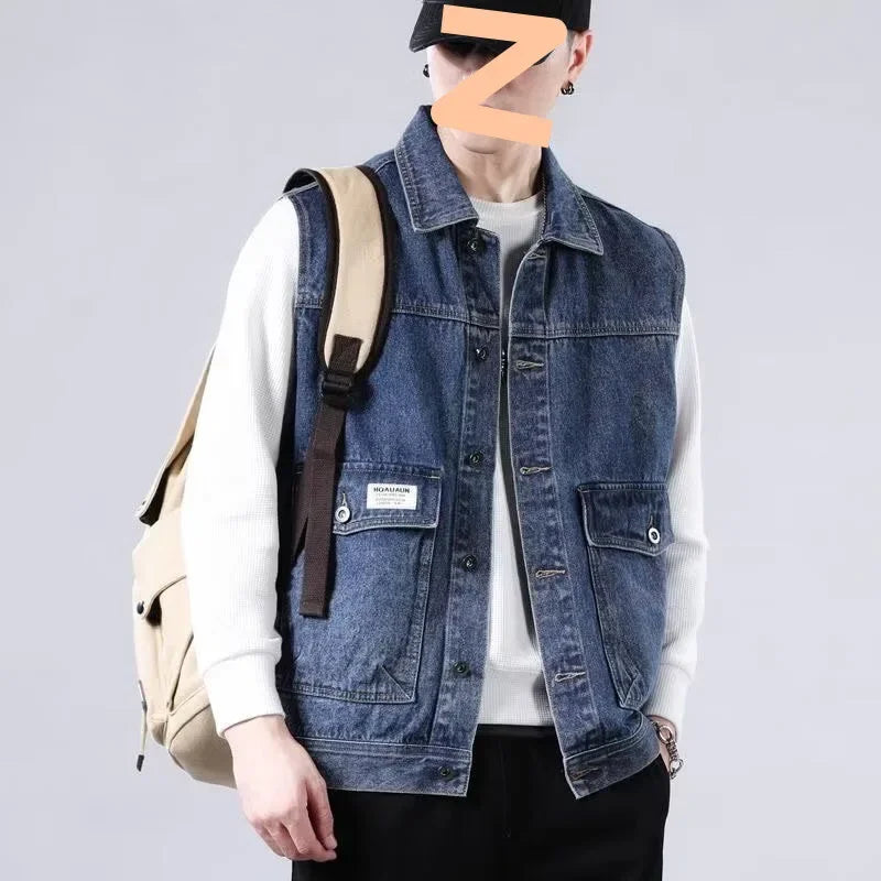 Loose Men's Denim Vest Spring Autumn American Retro Style Sleeveless Workwear Jacket Casual Trendy Brand Outerwear