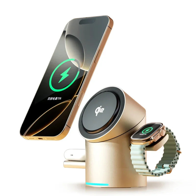 Touch Rotate Qi2 Magnetic 3-in-1 Wireless Charger 15W Fast Charging Station for iPhone 13 14 15 16 Series Apple Watch AirPods