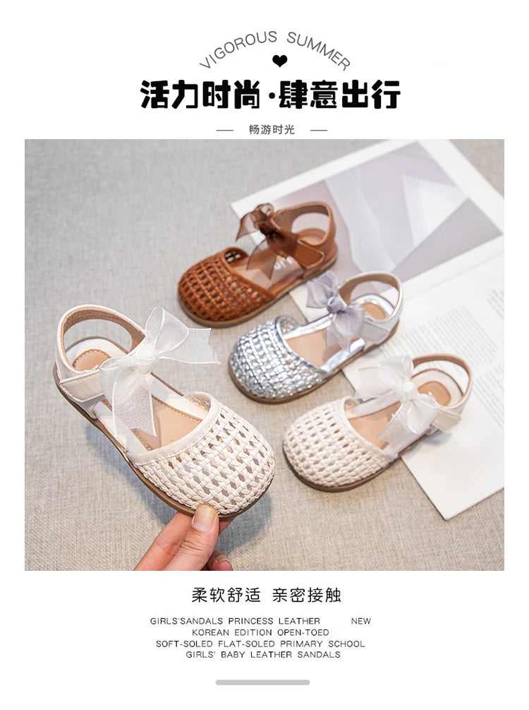 Braided Sandal for Girl Princess Summer Shoe Child Soft Sole Close Toed Butterfly Beach Shoe Kids Casual Shoe Beige Brown Silver