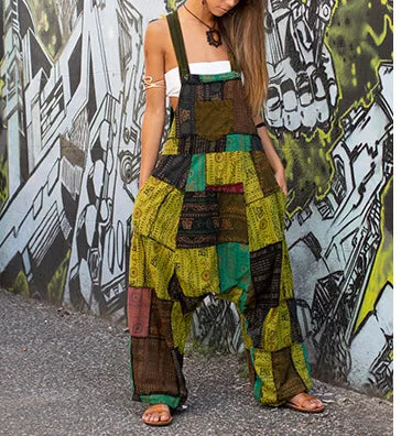 Fashion Patchwork Suspender Trousers Jumpsuit For Women Hip-hop Patchwork Ethnic Print Loose Harem Pantsstreet Rompers Female