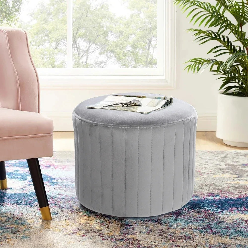 Grey Comfortable Round Velvet Stool Chair Dressing Table Ottoman for Living Room Bedroom