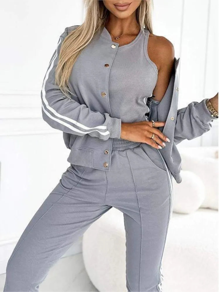 Autumn Winter Fashion Red Black Casual 3 Piece Sets Women O-neck Slim Tank Top + Button Long Sleeve Jacket And Pencil Pant Set