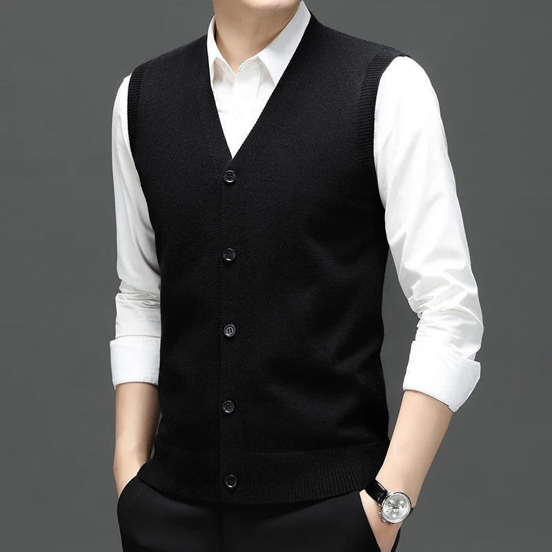 Sweaters Vests for Men Fashion Luxury Single Breasted Pullover Autumn Sleeveless Men Work Sweater Knitted Male Waistcoat Jumper