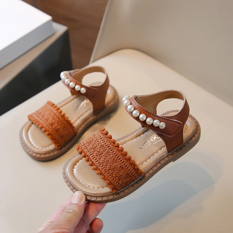 Unishuni Girls Sandals Princess One-Strap Summer Shoes Child Soft Skin-Friendly Cloth Sandal Kids Lace Pearl Bohemia Beach Flats