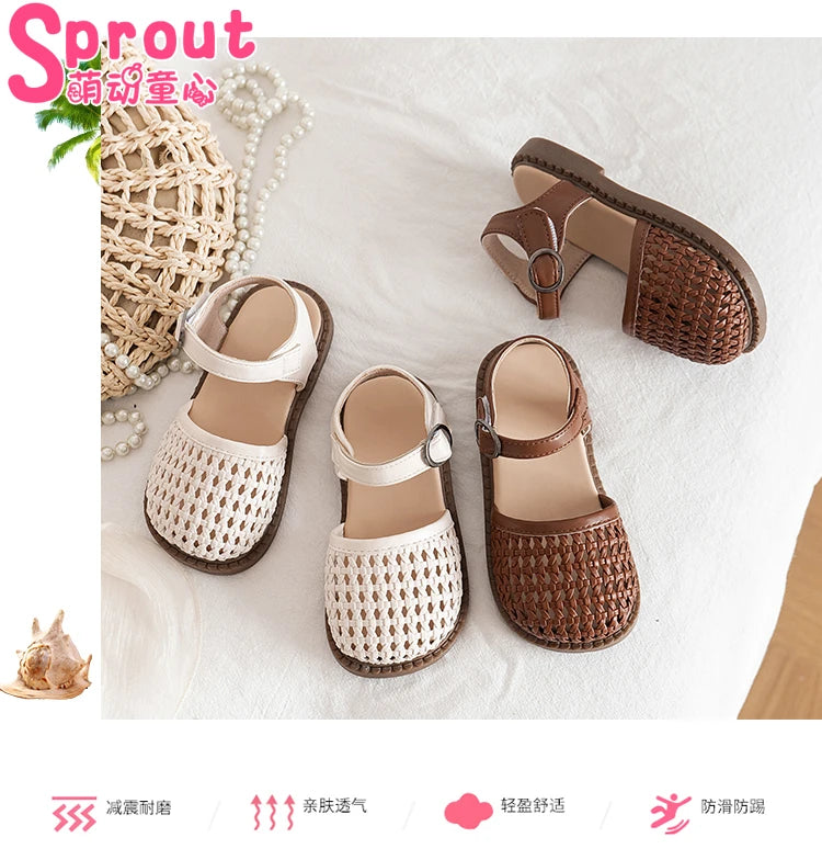 Unishuni Girl Half Sandal Princess Hollow-Out Shoes Kids Vintage Casual Flats Child Summer Shoe Toddler Bohemia Style Beach Shoe