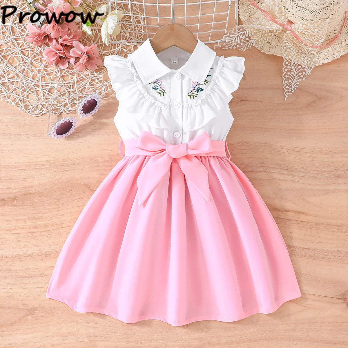 Prowow Lady Girl's Dresses Sleeveless Embroidery Floral Lotus Dress Turn-Down Collar Patchwork Shirt Dress For Girls With Belt