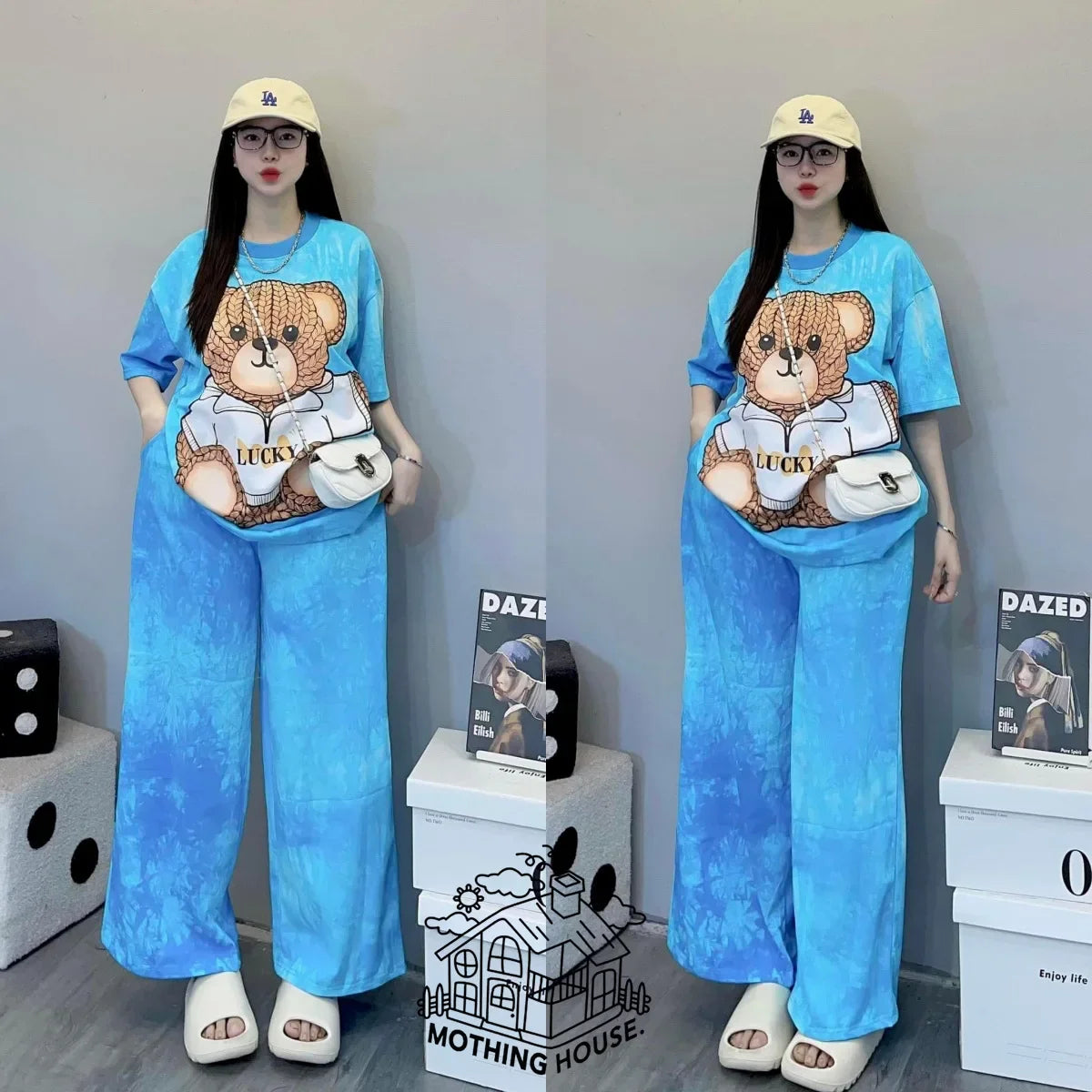 Fashionable Tie-Dye Set Women's Loose Bear Print Short Sleeve Wide Leg Pants Stylish Trendy Two-Piece Summer Outfit