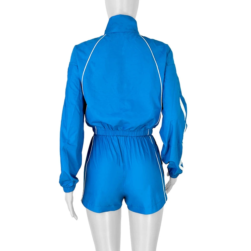 FAGADOER Casual Color Block 2 Pieces Set for Woman Long Sleeve Zipper Crop Jacke and Drawstring Shorts Female Jogger Clothing