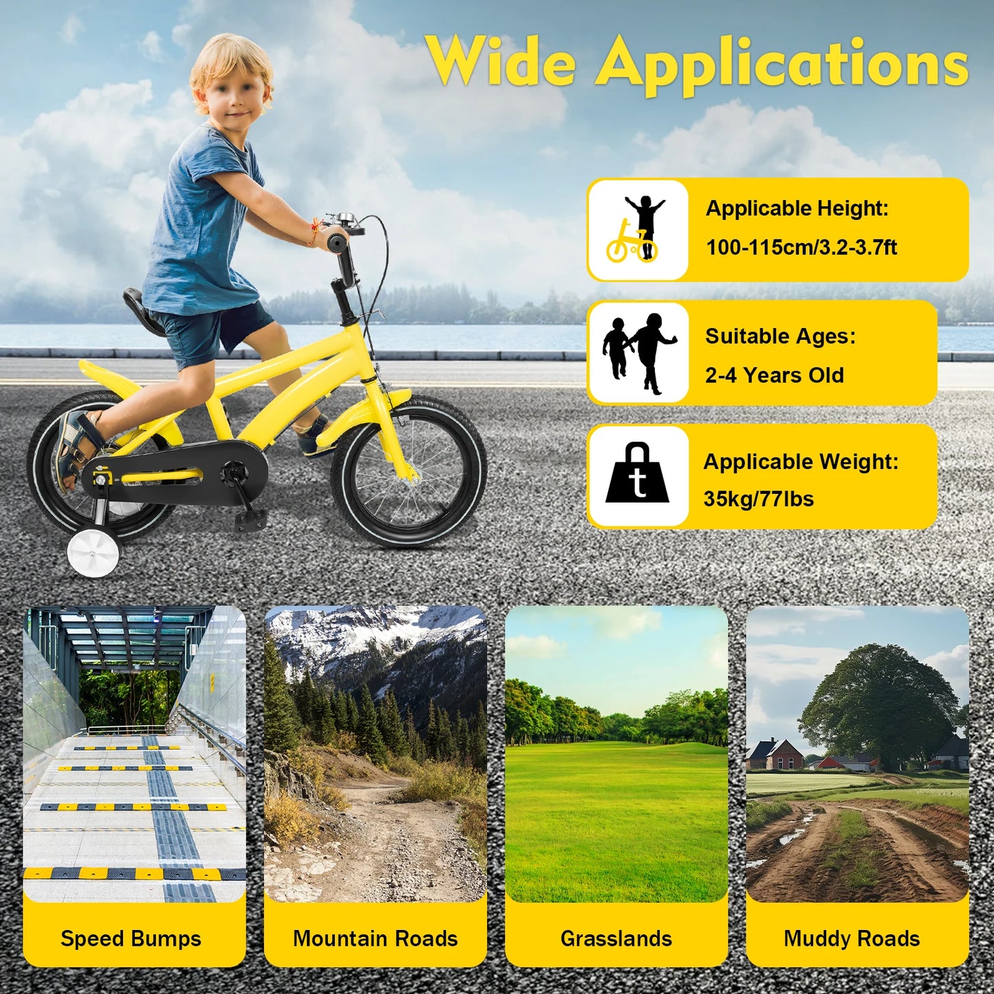 14 Inch Kids Bike Adjustable Seat Dual Brakes Children's Bicycle Load 50kg w/Training Wheels for Ages 2-4, Yellow/Blue/Red/White