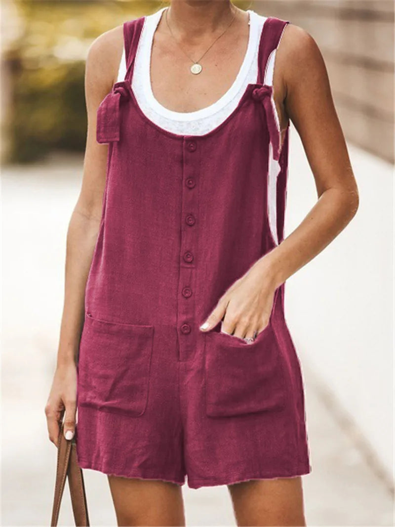 Summer Women's Solid Round Neck Pocket Loose Jumpsuit Shorts Bodys Mujer Black Romper Clothes Y2k 2024 Bodysuit Negro