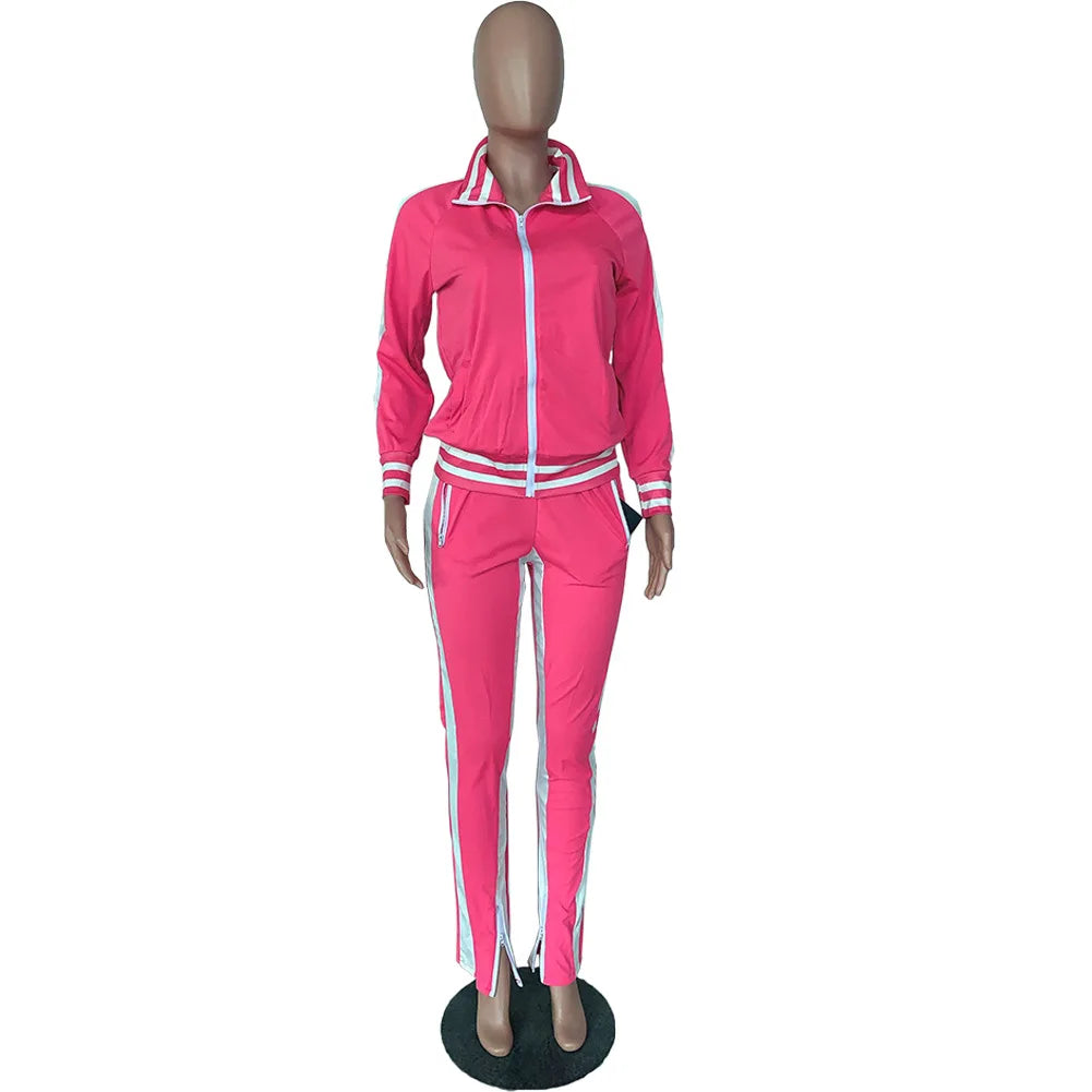Women Pant Sets Tracksuit Zippers Jackets Striped Stand Collar Coats Pencil Pants Two Pieces Set Sports Casual Patchwork