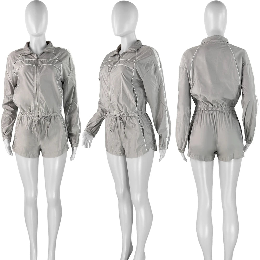 FAGADOER Casual Color Block 2 Pieces Set for Woman Long Sleeve Zipper Crop Jacke and Drawstring Shorts Female Jogger Clothing