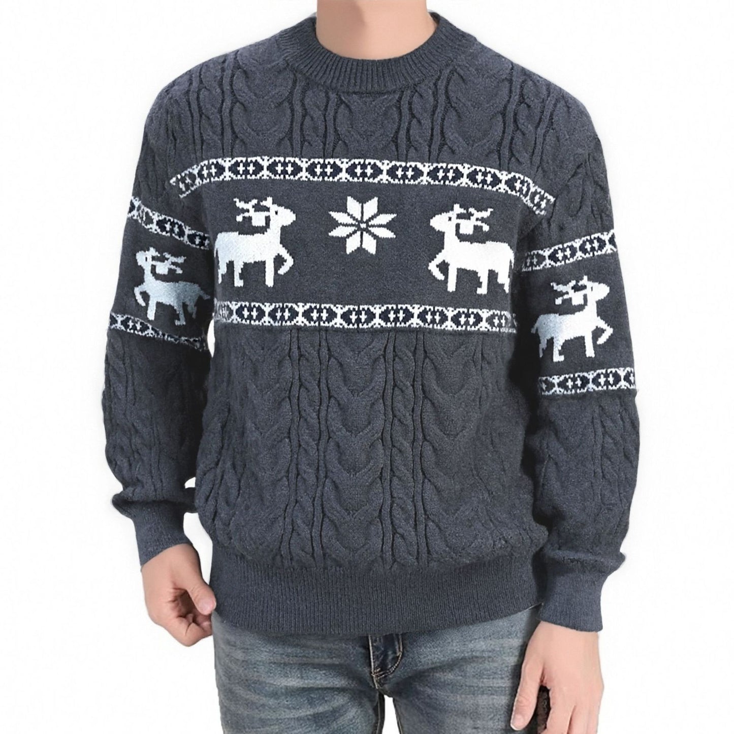 Winter Ugly Christmas Pullovers Sweater For Men Thick Warm Knitted Sweaters With Deer Christmas Holiday Round Neck Tops