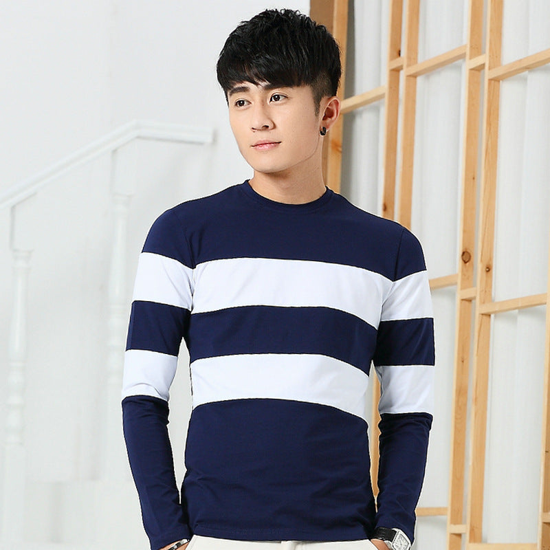 Men's Long Sleeved T Shirt Striped Cotton T Shirt Men's Fashion Bottoming Shirt