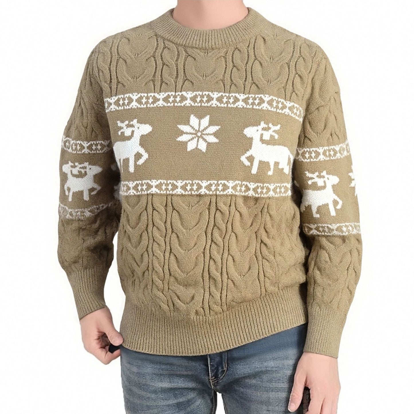 Winter Ugly Christmas Pullovers Sweater For Men Thick Warm Knitted Sweaters With Deer Christmas Holiday Round Neck Tops