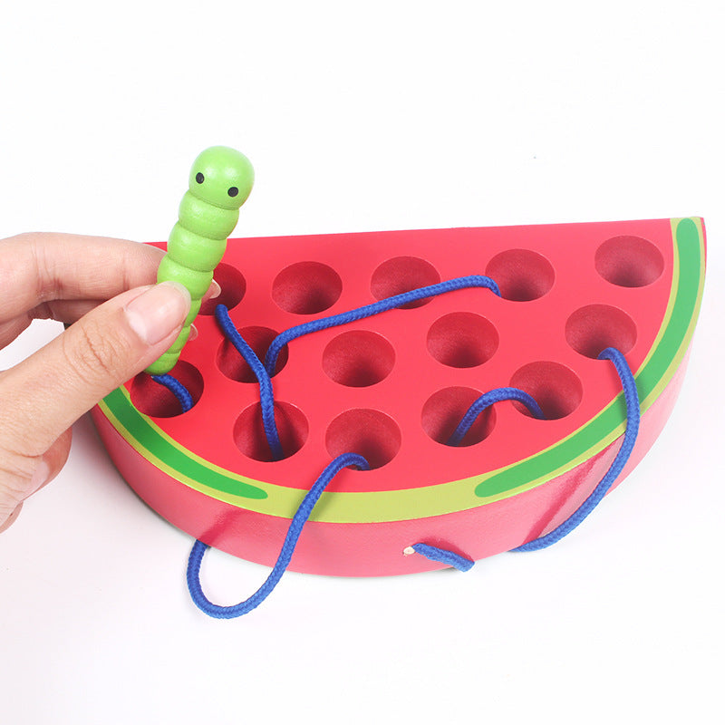 Practicing ability to thread intellectual wooden toys