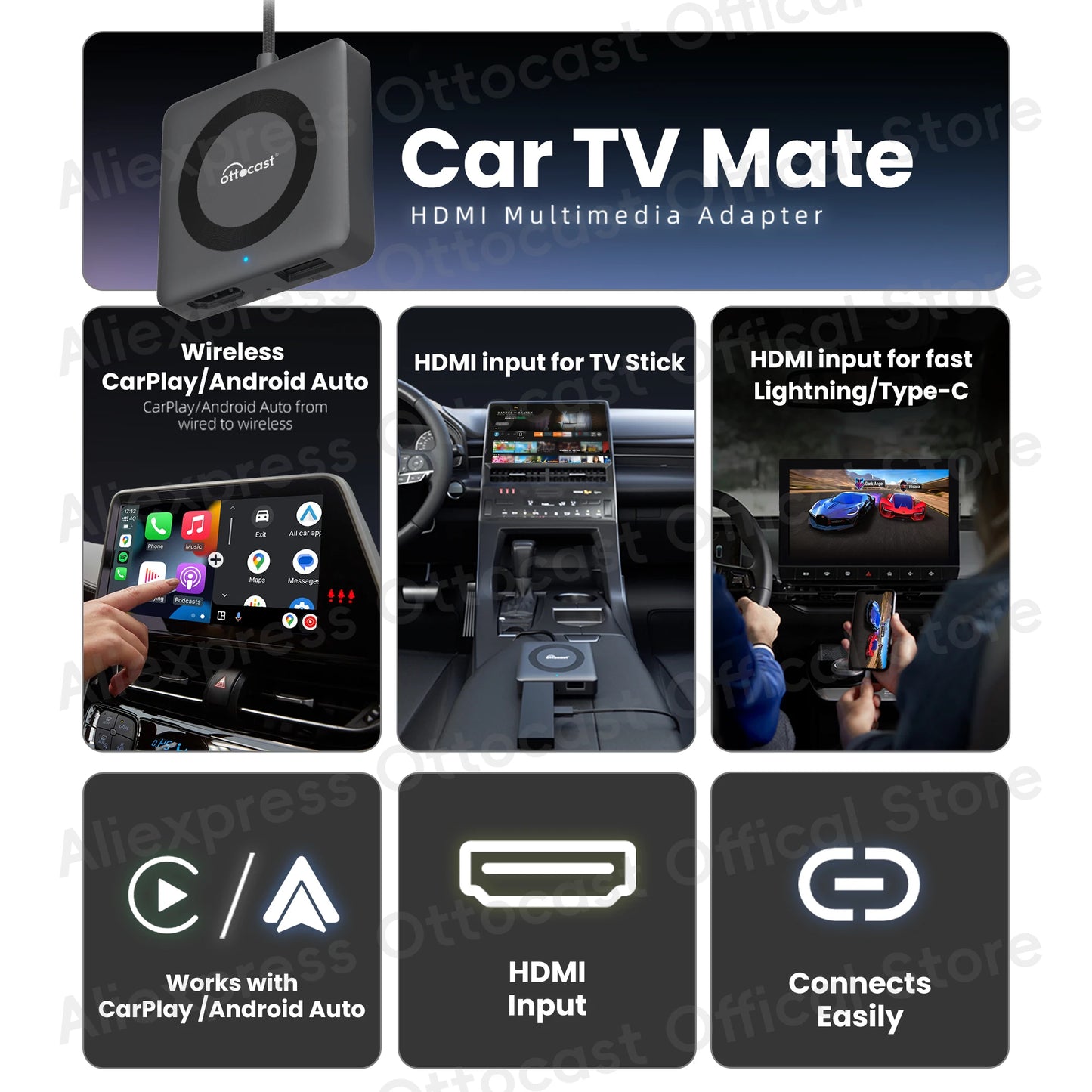 OTTOCAST Car TV Mate C4 Wireless Android Auto CarPlay Adapter Support for HDMI input Video Converter for TV Sticks Game Consoles